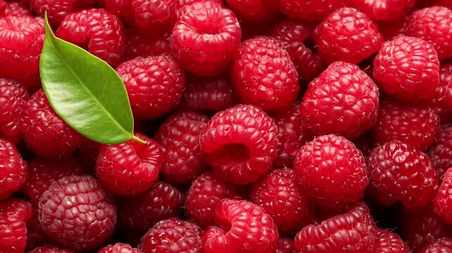 Fresh ripe raspberries and leaf as background, top view
