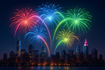 City skyline illuminated by vibrant fireworks during a nighttime celebration