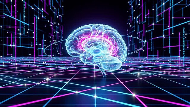 Futuristic digital rendering of a luminous human brain processing data within a glowing neon network grid - Powered by Adobe