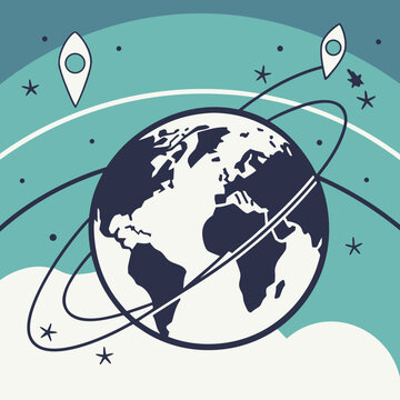Illustration of Globe with Orbit Rings and Location Markers