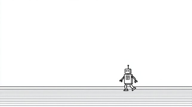 A small, cartoon robot walks across a series of parallel lines against a white backdrop