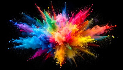 A vibrant, exploding cloud of multicolored powder against a stark black background
