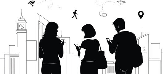 Vector illustration of people using smartphones in smart city, urban digital lifestyle, mobile connectivity, technology silhouettes.