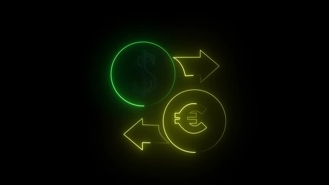 Glowing neon line Money exchange icon dollar and euro on black background .A neon business money exchange symbol .money transfer, forex trading, global finance, digital payment, and economic .4k