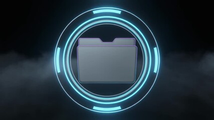 Futuristic data folder icon surrounded by a glowing blue holographic ring against a dark, smoky backdrop. - Powered by Adobe