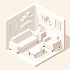 Isometric 3D rendering of a minimalist white living room interior.
