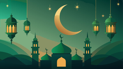 Illustration of mosque with crescent moon and hanging lanterns in green and gold colorscheme design