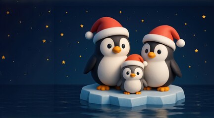 Christmas Penguin Family Wearing a Santa Hat Sits on an Iceberg Under the Stars