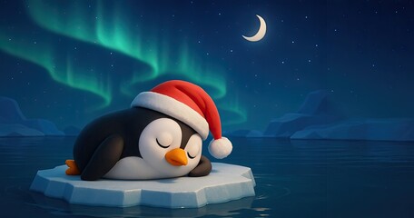 Christmas Penguin Wearing a Santa Hat sleeps on an Iceberg Under the Northern Lights