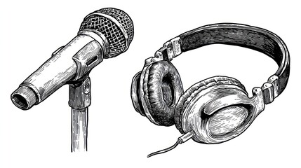 Detailed black and white sketch featuring a microphone and large headphones