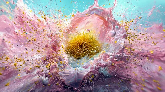 A vibrant, abstract explosion of pink liquid and gold particles erupting around a central yellow sphere, creating a dynamic and energetic visual effect.