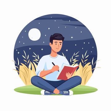 Young man reading and writing notebook outdoors at night.