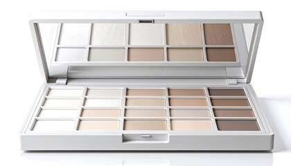 Open white makeup palette with mirror, showcasing an array of light-to-medium neutral eyeshadow shades. The layout is rectangular, with a variety of textures