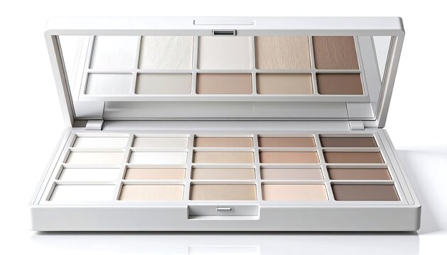 Open white makeup palette with mirror, showcasing an array of light-to-medium neutral eyeshadow shades. The layout is rectangular, with a variety of textures