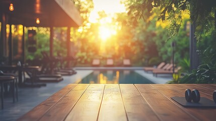 Empty wooden table outdoors by pool at sunset. Use Mockup