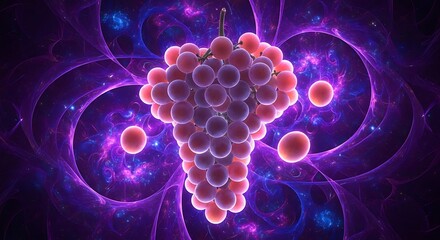 A bunch of grapes floating in a purple and blue fractal background