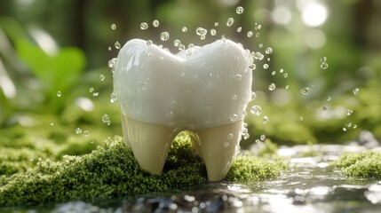 Healthy tooth, water droplets, forest background, hygiene, dental care