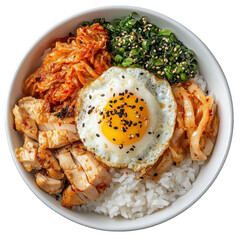 Delicious Korean Bibimbap Bowl with Chicken, Egg, and Vegetables Over Rice on transparent background