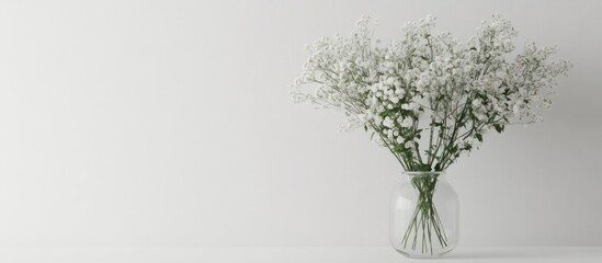 White flowers in glass vase, minimalist background, home decor