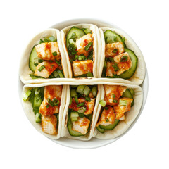 Delicious Chicken Tacos with Fresh Vegetables and Spicy Sauce on a White Plate on transparent background