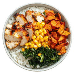 Grilled Chicken Rice Bowl with Corn, Kale, and Spicy Chips for a Flavorful Meal on transparent background