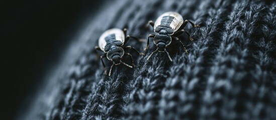 Close-up of two insects on dark gray fabric