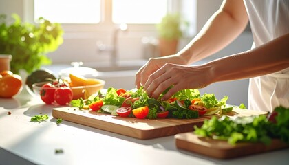 A beautifully lit close-up photograph capturing hands actively preparing a fresh, healthy salad on a clean wooden cutting board. The vibrant ingredients include green leafy vegetables, cherry tomatoes