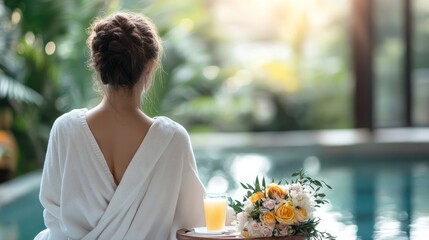 Woman in robe by pool, peaceful scene, relaxation, tropical resort
