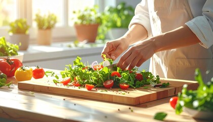 A beautifully lit close-up photograph capturing hands actively preparing a fresh, healthy salad on a clean wooden cutting board. The vibrant ingredients include green leafy vegetables, cherry tomatoes