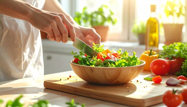 A beautifully lit close-up photograph capturing hands actively preparing a fresh, healthy salad on a clean wooden cutting board. The vibrant ingredients include green leafy vegetables, cherry tomatoes - Powered by Adobe