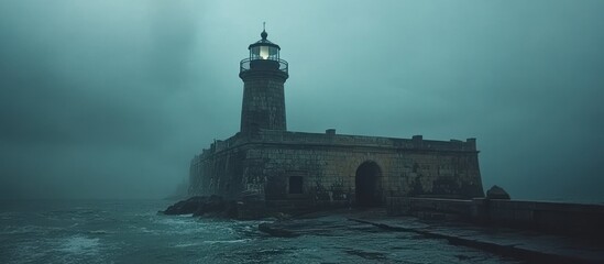 Foggy Lighthouse Fortress Coastal Scene
