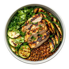 Grilled Chicken and Zucchini Bowl with Lentils and Fresh Herbs in a Modern Setting on transparent background