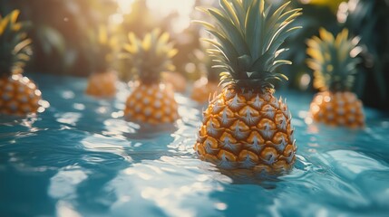 Tropical pineapples floating on rippled water; vibrant sunlight; digital artwork; stock photo