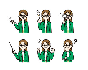 色々な表情・ポーズの、ジャケットを着た若い女性の上半身ベクターイラスト素材セット＿カラー