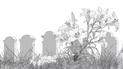 Black and white illustration of tombstones, lilies, and grassy ground, on a white background