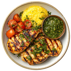 Grilled Chicken with Chimichurri, Creamy Polenta, and Cherry Tomatoes - A Flavorful Dish for Any Occasion on transparent background