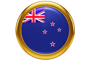 Vibrant 3D Round New Zealand Flag Icon with a Shiny Golden Frame - A National Symbol of Aotearoa and Kiwi Pride