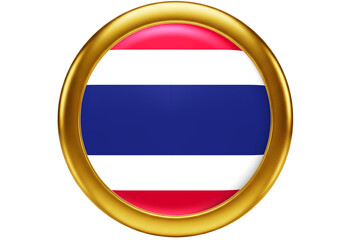 Glossy Thailand Flag Circle Icon with Golden Frame on White Background