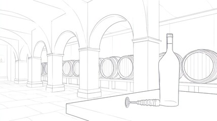 Line art illustration depicts wine cellar with barrels, bottle, and corkscrew