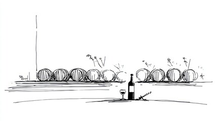 Black-and-white sketch featuring wine, barrels, and a celebratory mood, minimal details