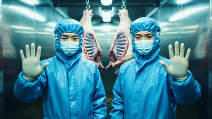 Employees fully equipped in blue safety gear inside refrigerated meat facility gesturing stop to indicate danger of infection spread, concept of health protection