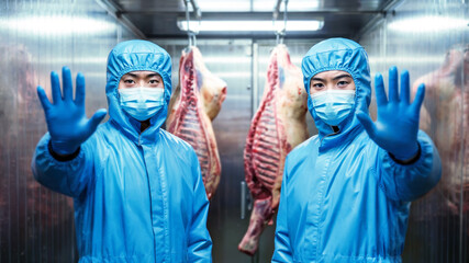 Employees fully equipped in blue safety gear inside refrigerated meat facility gesturing stop to indicate danger of infection spread, concept of health protection