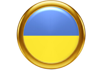 Glossy Ukrainian Flag Golden Circle Button Icon - Isolated 3D Symbol
