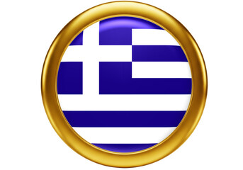 Obraz premium Greece National Flag in Golden Circle 3D Icon - Shiny Greek Country Symbol on White Background