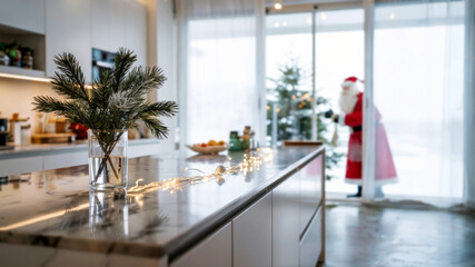 Minimalist Norwegian kitchen decorated for Christmas, Santa Claus looking through window, festive pine, fairy lights, winter holidays, concept of New Year