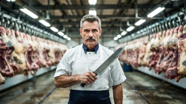 Experienced butcher with mustache wearing protective apron and uniform holding large meat knife, standing in cold room with hanging carcasses, empty copy space, concept of professional meat processing