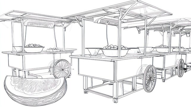 Line art illustration depicts multiple food carts with bowls of food and an orange slice