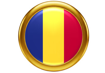 3D Golden Framed Button with Romanian Flag - National Symbol Icon on White Background