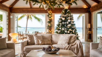 Elegant living room with linen sofa, palm trees outside, golden-pink sunset, Christmas decorations, gift boxes, warm light garland, tropical beach villa, concept of winter vacation