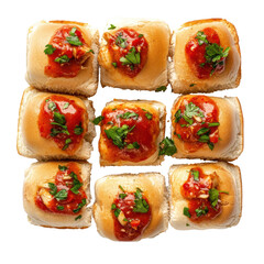 Delicious Mini Meatball Sliders with Marinara Sauce and Fresh Herbs on a White Background on transparent background